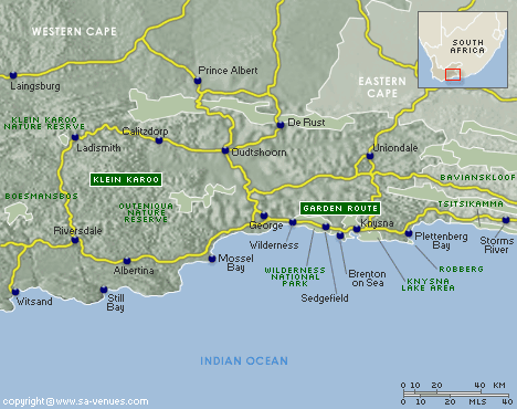 Route  on Garden Route Relief Map  South Africa