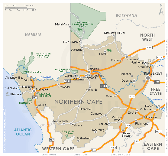 Road Map Of Northern Cape Province Northern Cape Hybrid Physical / Political Map