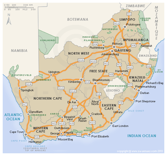 Detailed Map of South Africa, its Provinces and its Major Cities.